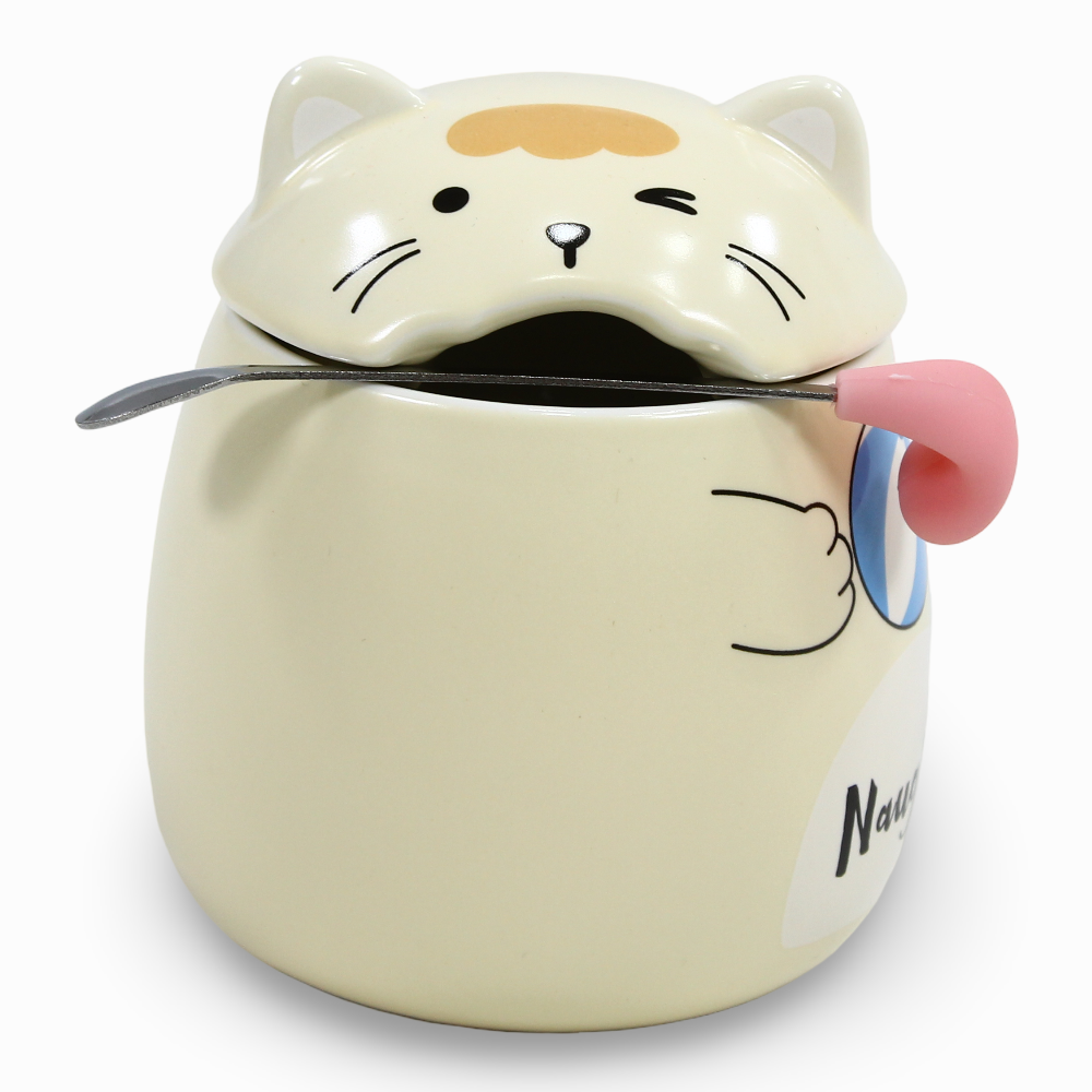 Porcelain Mug – Beige Cat Shape with Lid & Spoon