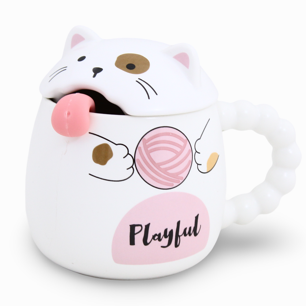 Porcelain Mug - White Cat Shape with Lid and Spoon