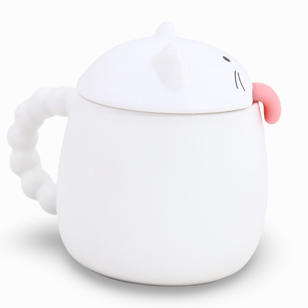 Porcelain Mug - White Cat Shape with Lid and Spoon