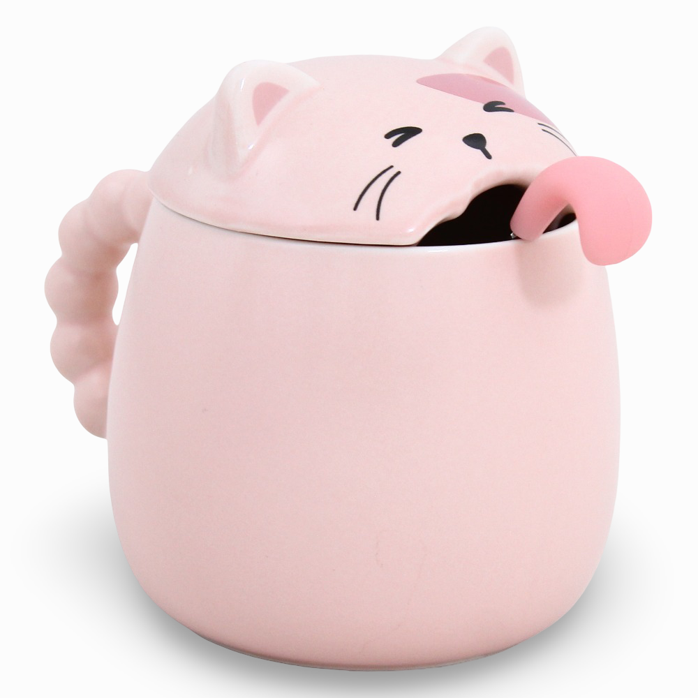Porcelain Mug – Pink Cat Shape with Lid and Spoon