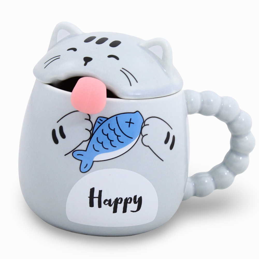 Porcelain Mug – Baby Blue Cat Shape with Lid and Spoon