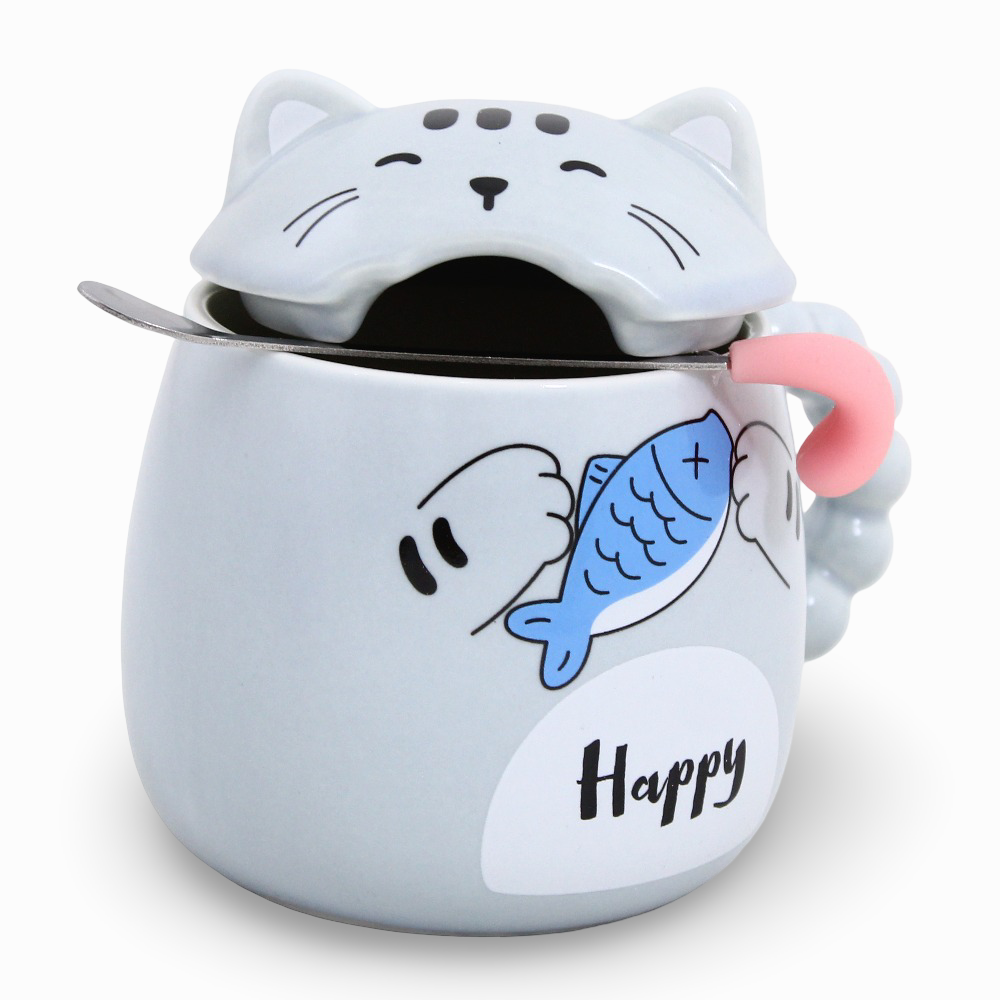 Porcelain Mug – Baby Blue Cat Shape with Lid and Spoon
