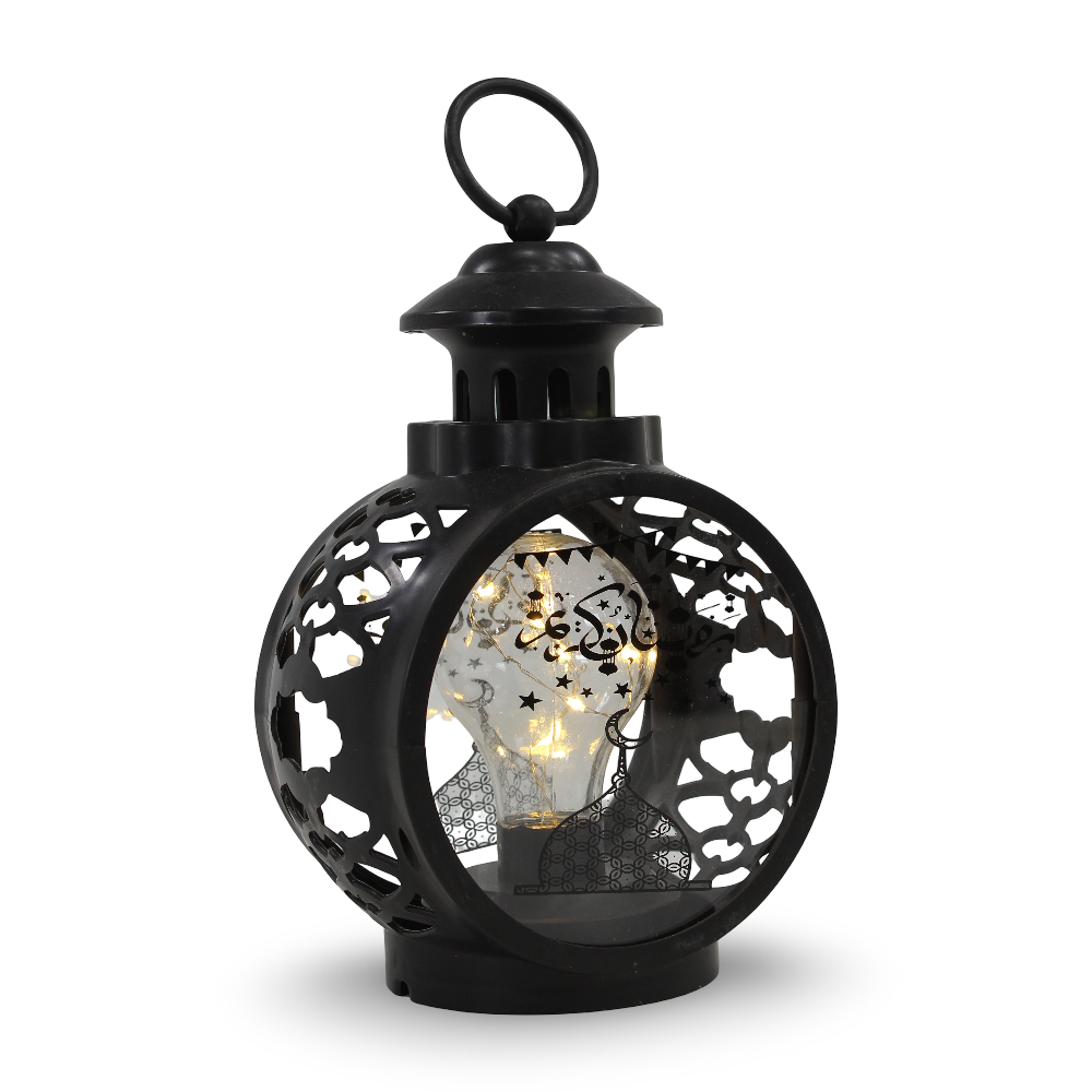 Ramadan Round Acrylic LED Bulb Lantern – Black