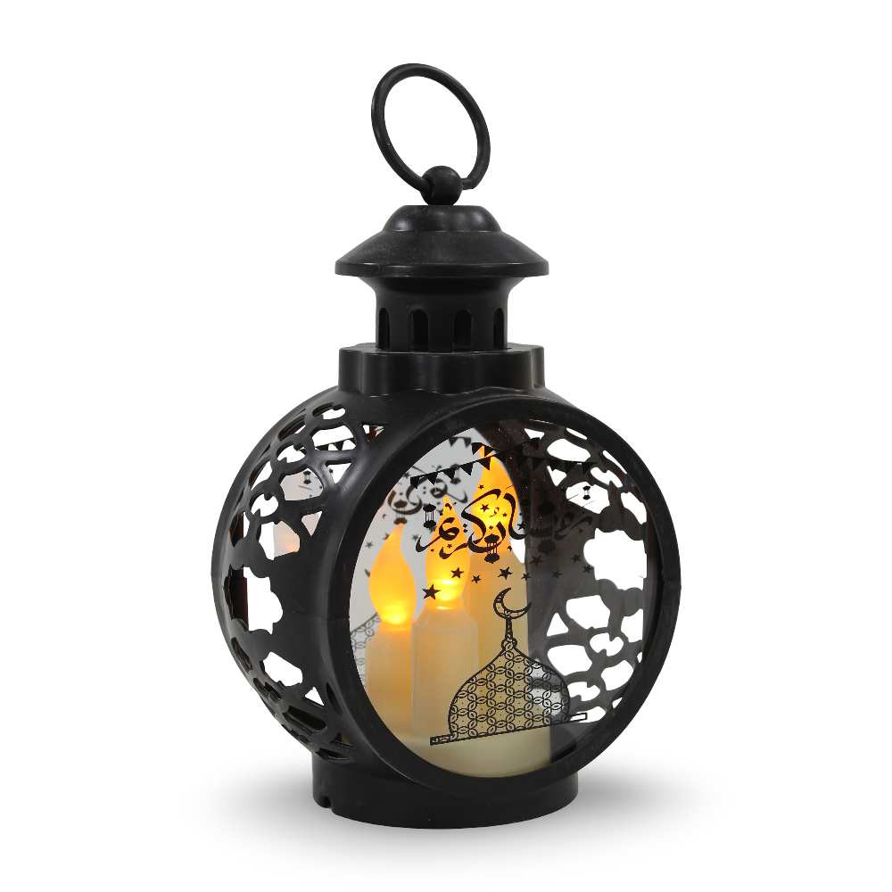 Acrylic Round Ramadan Lantern with 3 LED Candles – Black