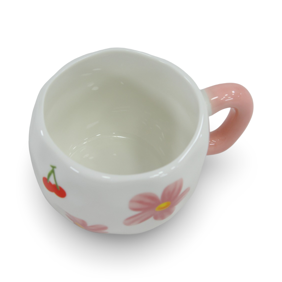 Shein Ceramic Mug – Flower & Cherry  Design with Pink Handle