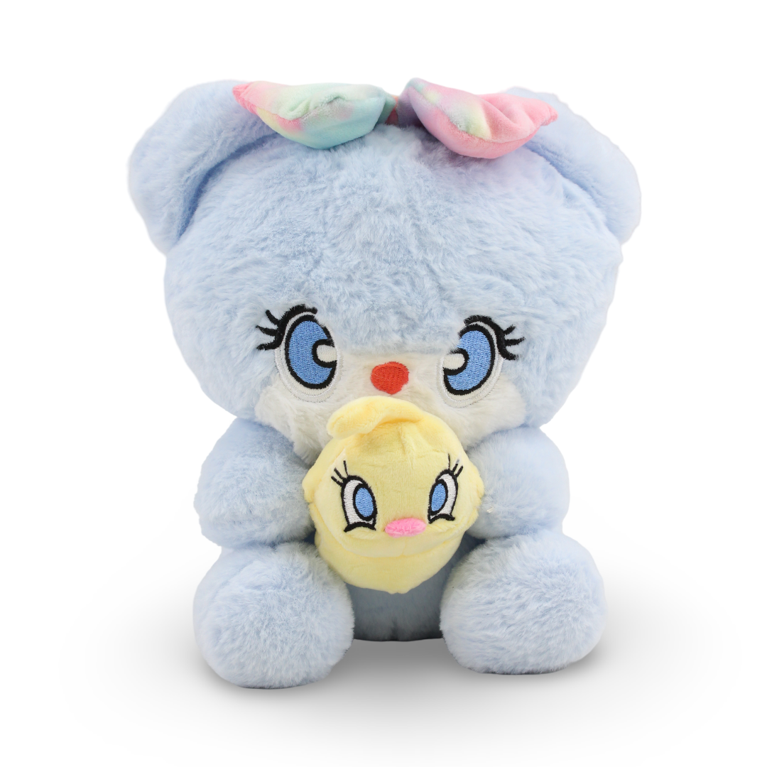 Teddy Bear Plush Toy Holding Small Yellow Duck – Baby Blue