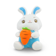 Rabbit Plush Toy Holding Orange Carrot – Blue & White