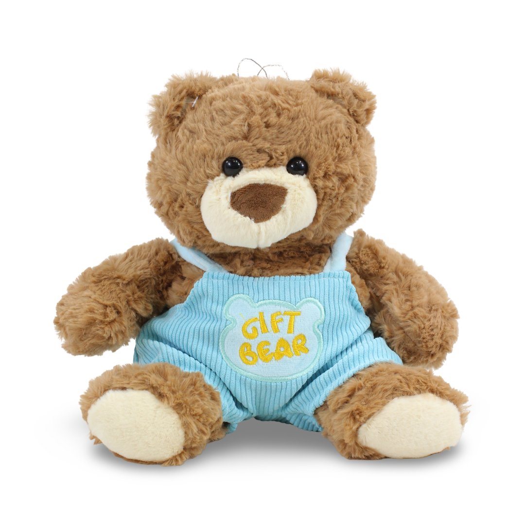 Teddy Bear Plush Toy – Brown with Baby Blue Jumpsuit