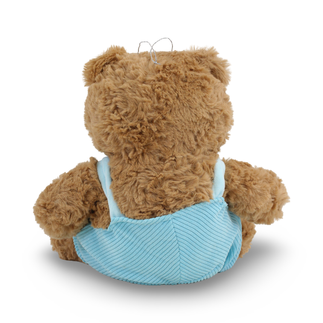 Teddy Bear Plush Toy – Brown with Baby Blue Jumpsuit