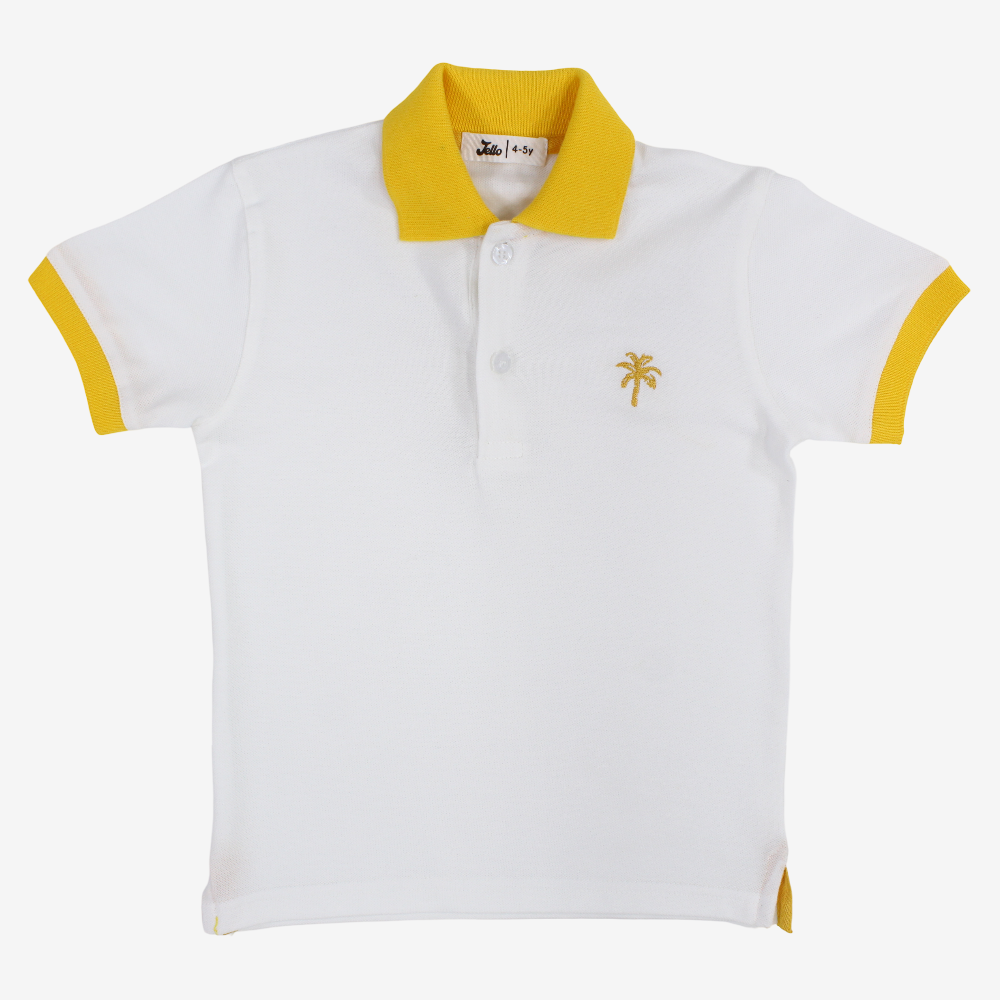 Boys Cotton Polo Shirt – White with Palm Design