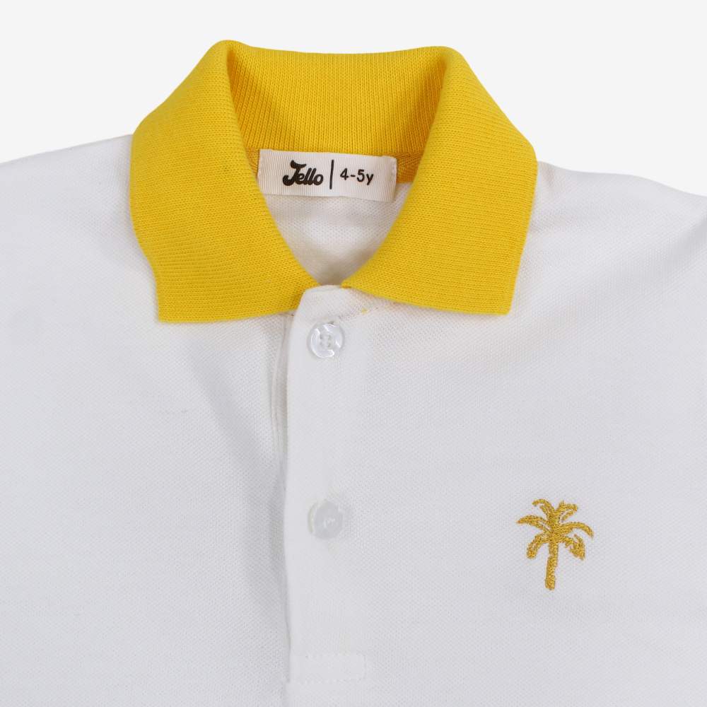 Boys Cotton Polo Shirt – White with Palm Design