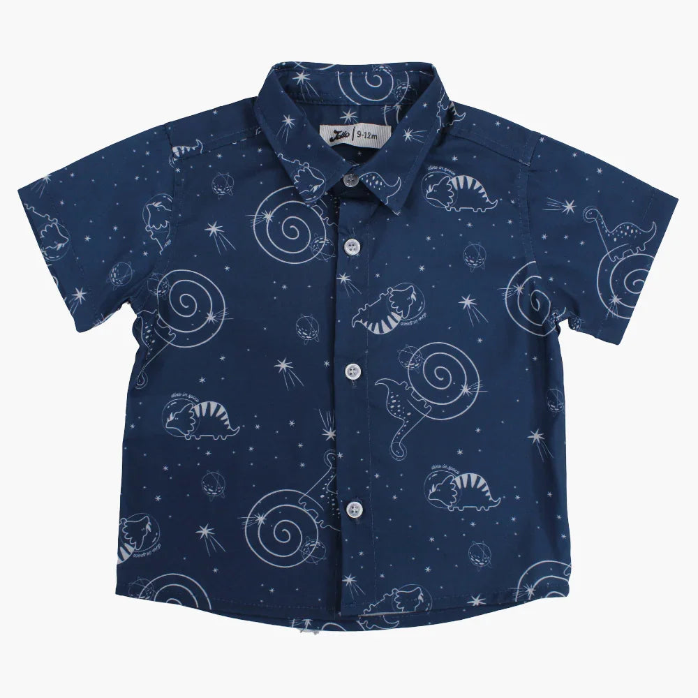 Baby Boys Cotton Shirt - Indigo with Dino in Space Print - Clothing - Jello