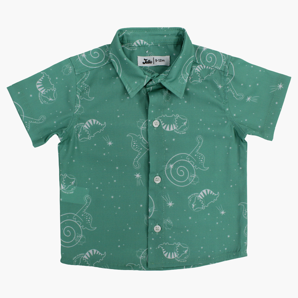 Baby Boys Cotton Shirt - Green with Dino in Space Print