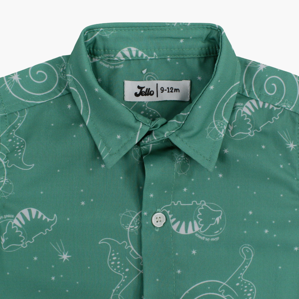 Baby Boys Cotton Shirt - Green with Dino in Space Print