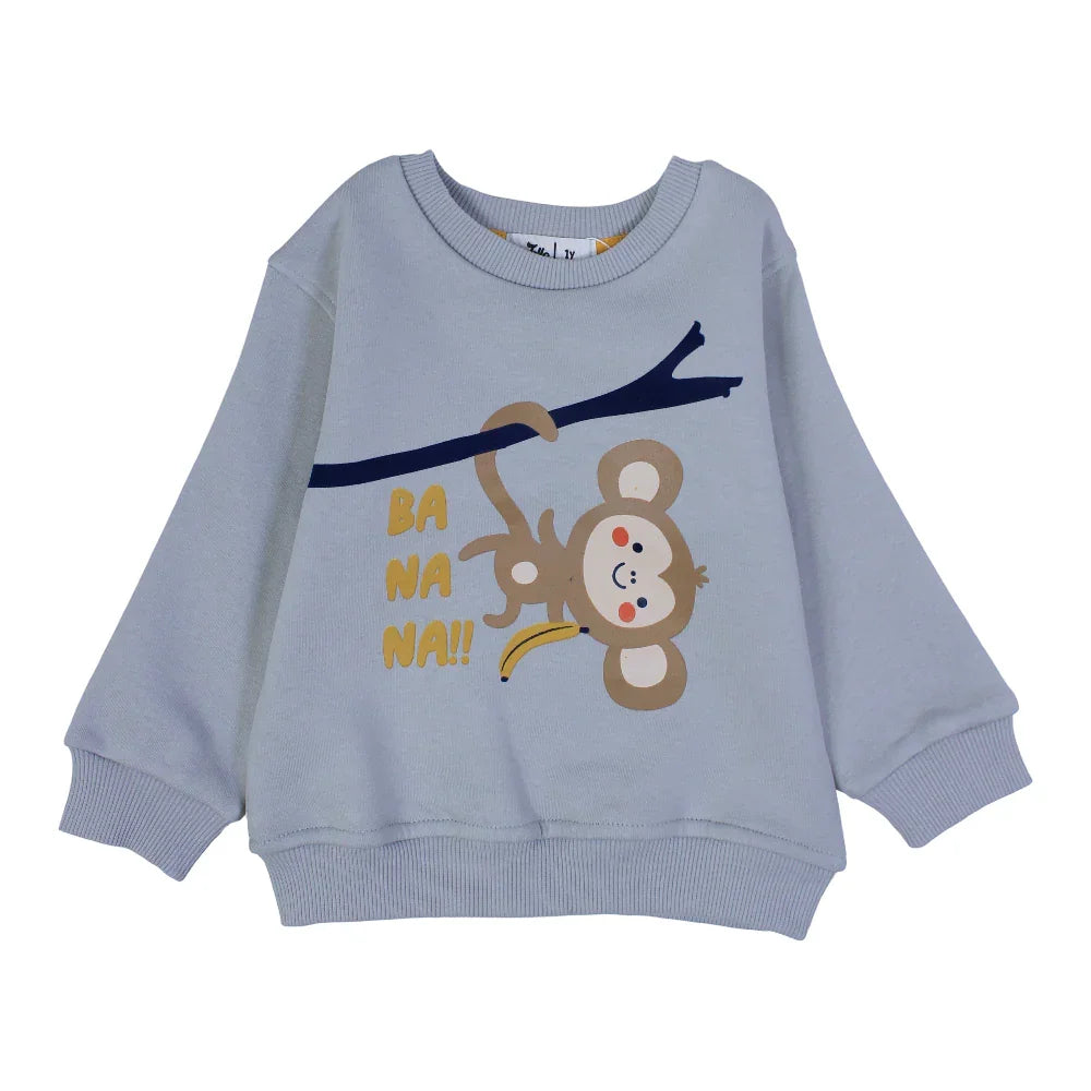 Boys Cotton Sweatshirt – Grey with a Monkey Print