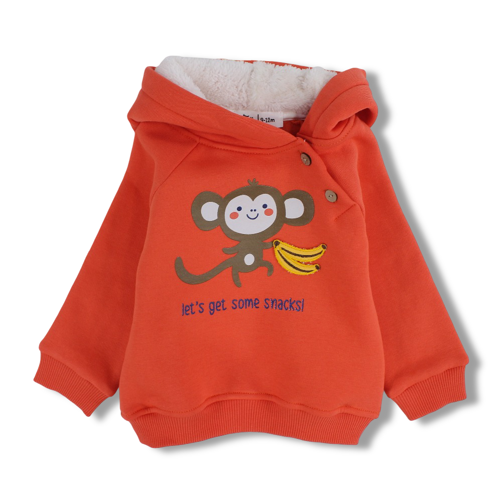 Boys Cotton Hoodie – Orange with Monkey & Bananas Print