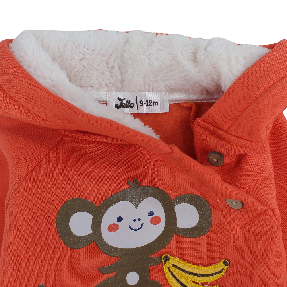 Boys Cotton Hoodie – Orange with Monkey & Bananas Print