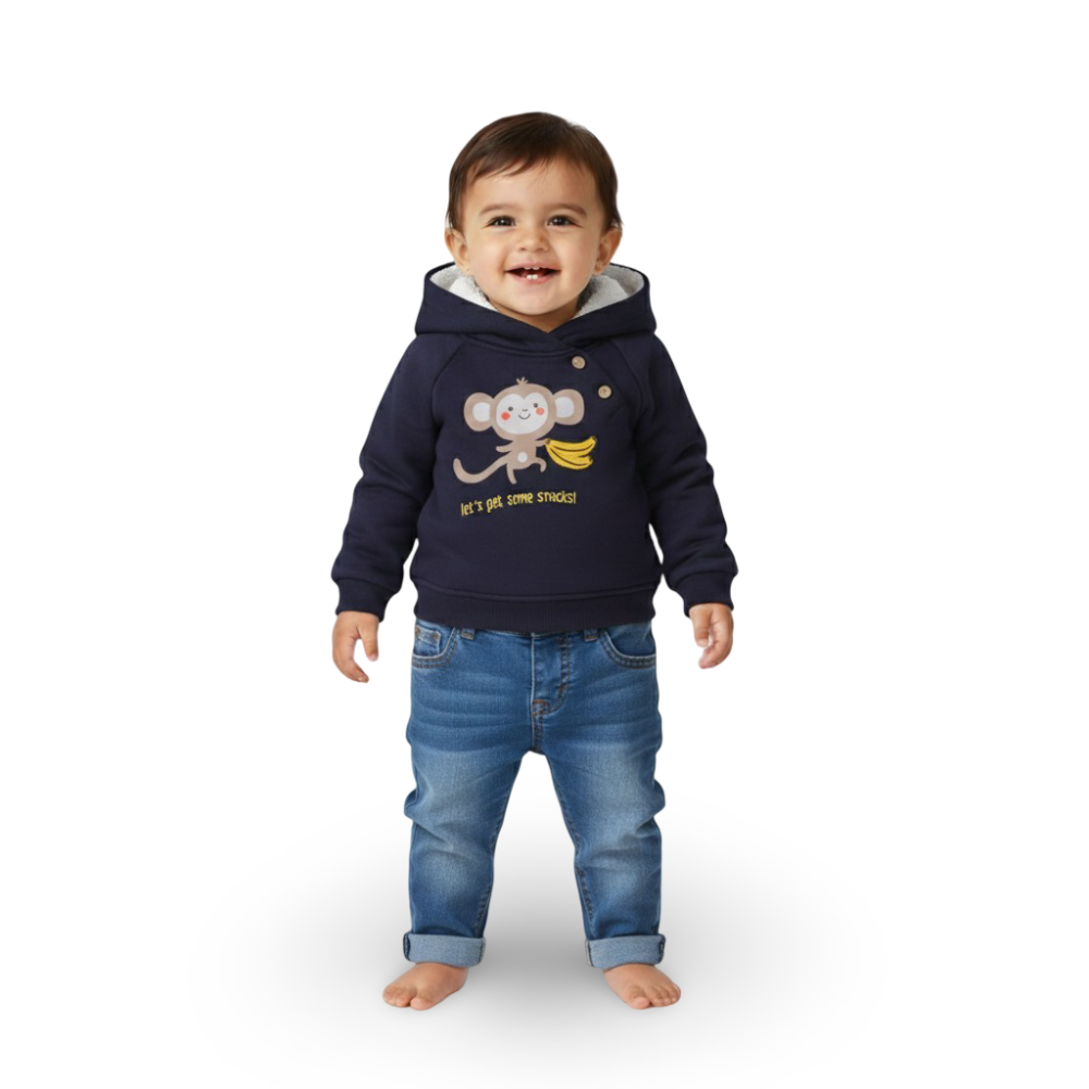 Boys Cotton Hoodie – Navy with Monkey & Bananas Print
