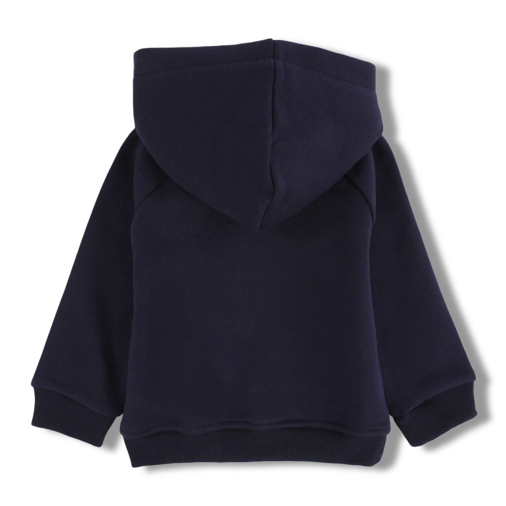 Boys Cotton Hoodie – Navy with Monkey & Bananas Print