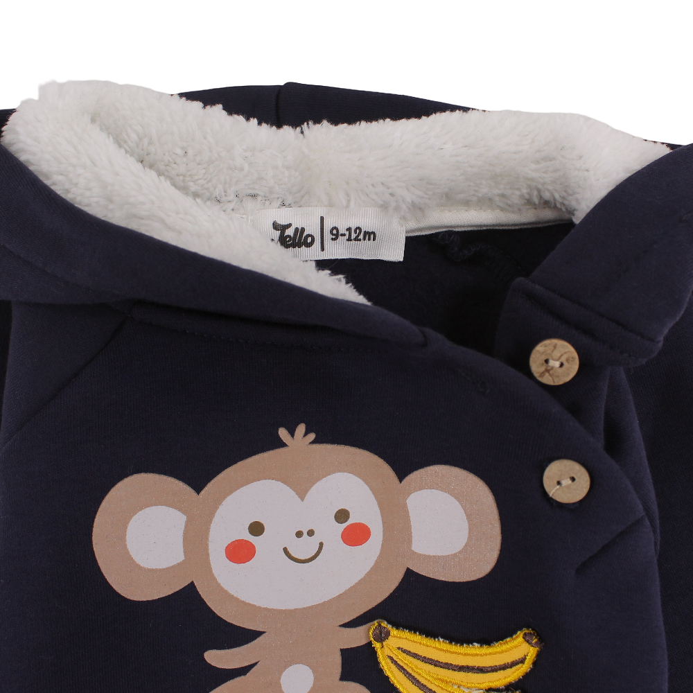 Boys Cotton Hoodie – Navy with Monkey & Bananas Print