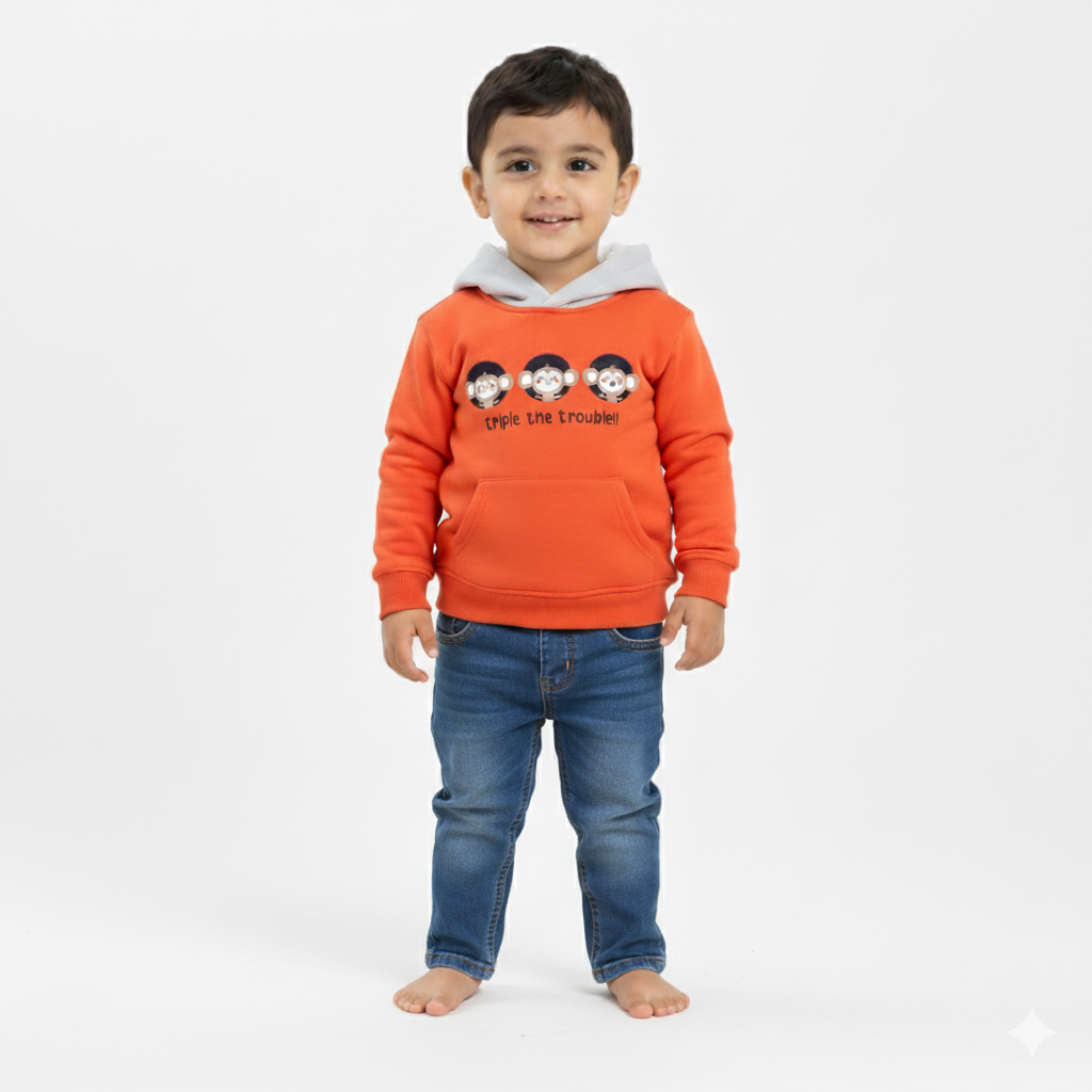 Boys Cotton Hoodie – Orange with Triple Monkey Print