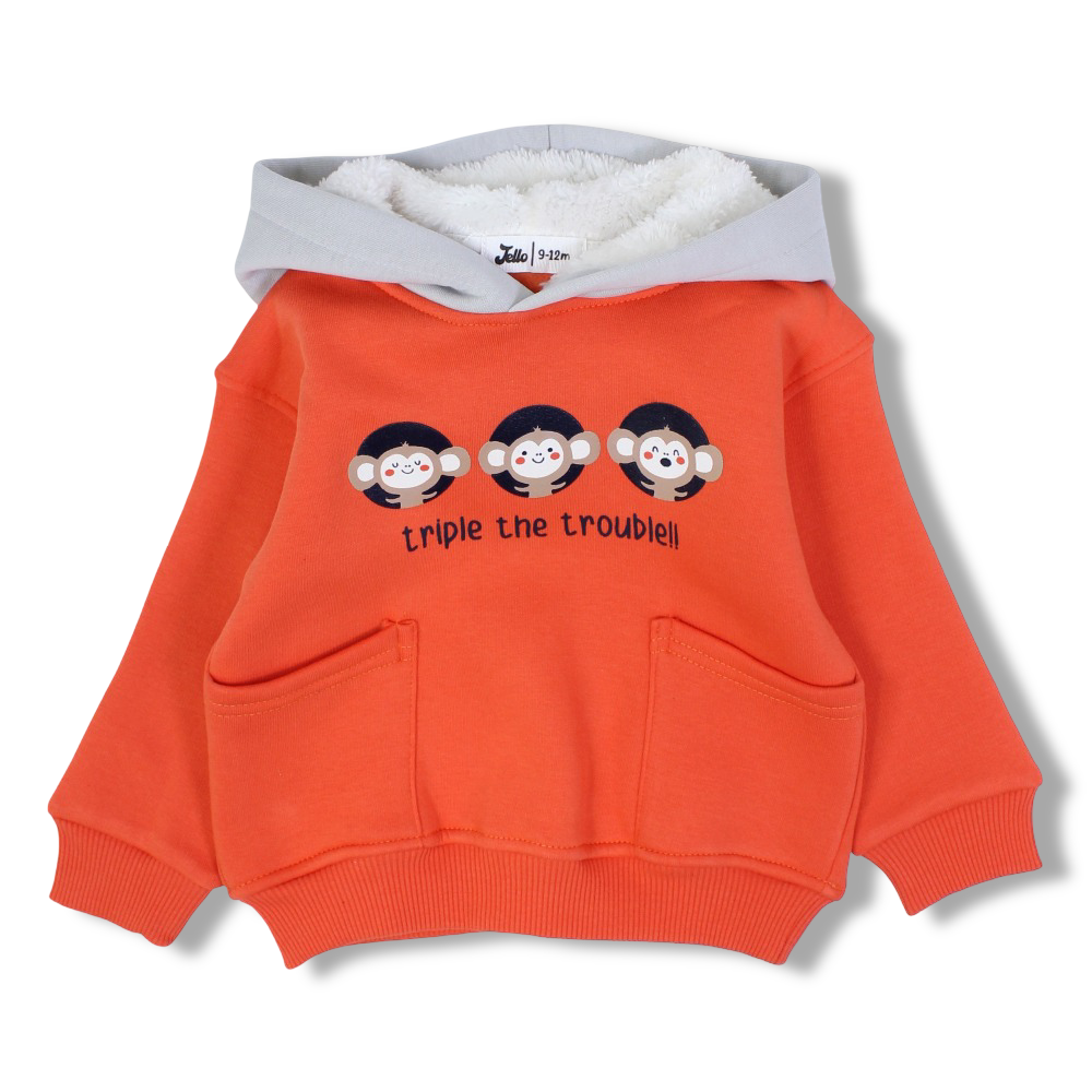 Boys Cotton Hoodie – Orange with Triple Monkey Print