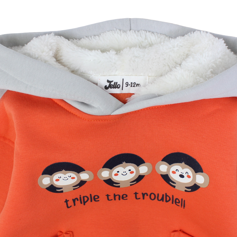 Boys Cotton Hoodie – Orange with Triple Monkey Print