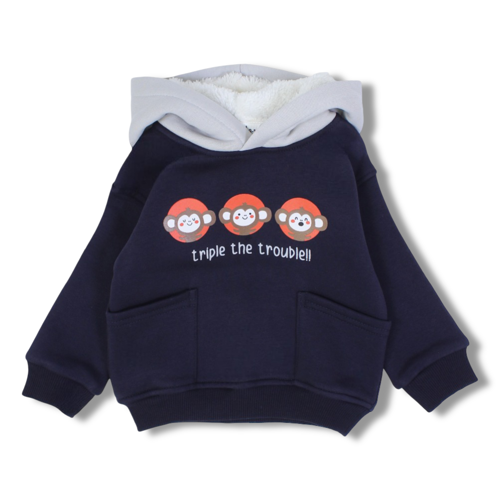 Baby Boys Cotton Hoodie – Navy with Triple Monkey Print
