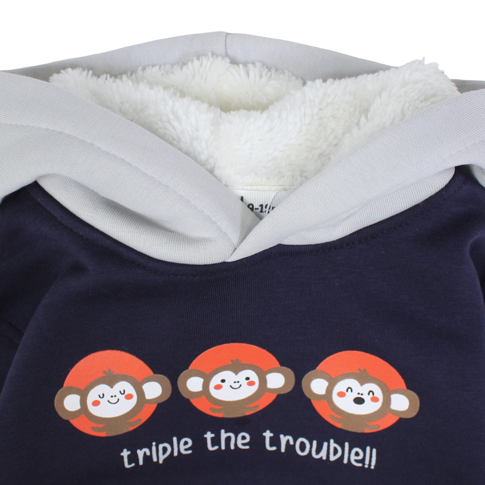 Baby Boys Cotton Hoodie – Navy with Triple Monkey Print