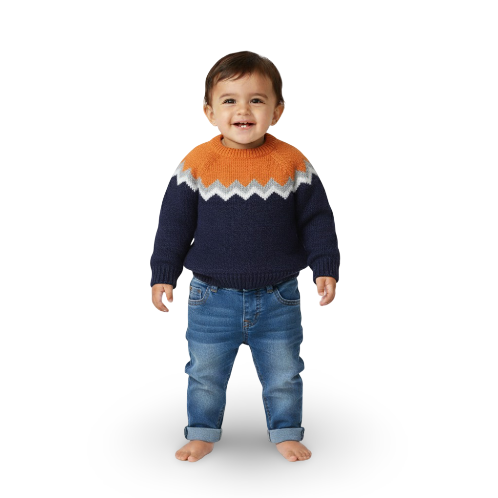 Boys Wool Pullover – Orange/Navy Chevron Knit Design