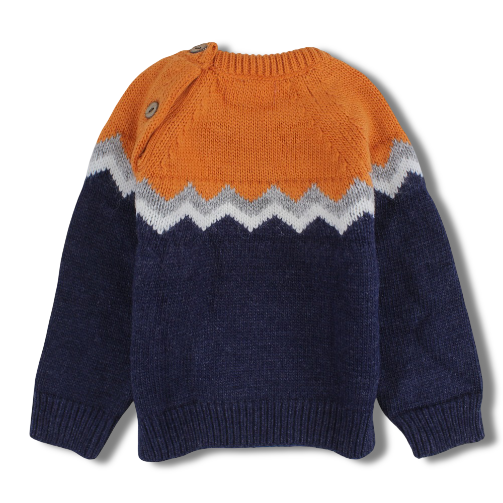 Boys Wool Pullover – Orange/Navy Chevron Knit Design