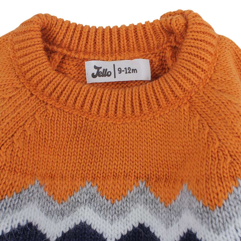 Boys Wool Pullover – Orange/Navy Chevron Knit Design