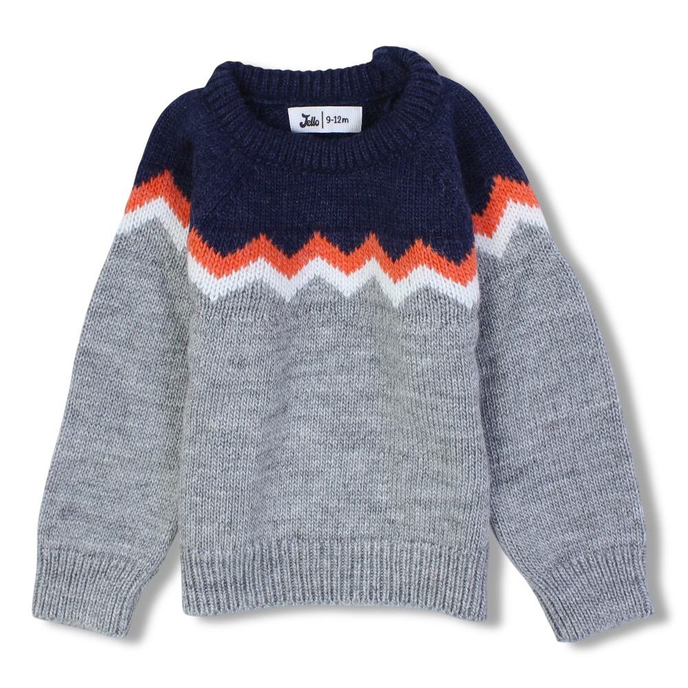 Boys Wool Pullover – Navy/Grey Chevron Knit Design