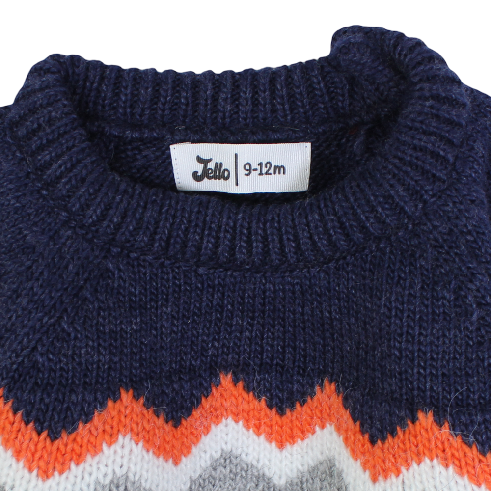 Boys Wool Pullover – Navy/Grey Chevron Knit Design
