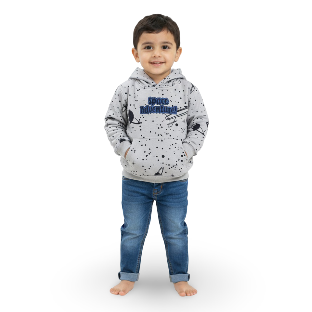 Boys Cotton Hoodie – Grey with Space Adventure Embroidery
