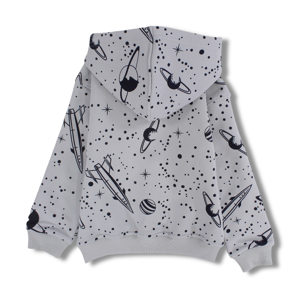 Boys Cotton Hoodie – Grey with Space Adventure Embroidery