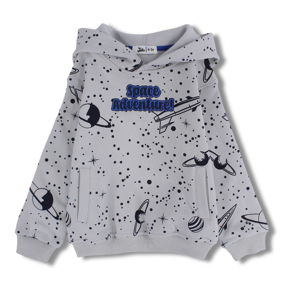 Boys Cotton Hoodie – Grey with Space Adventure Embroidery