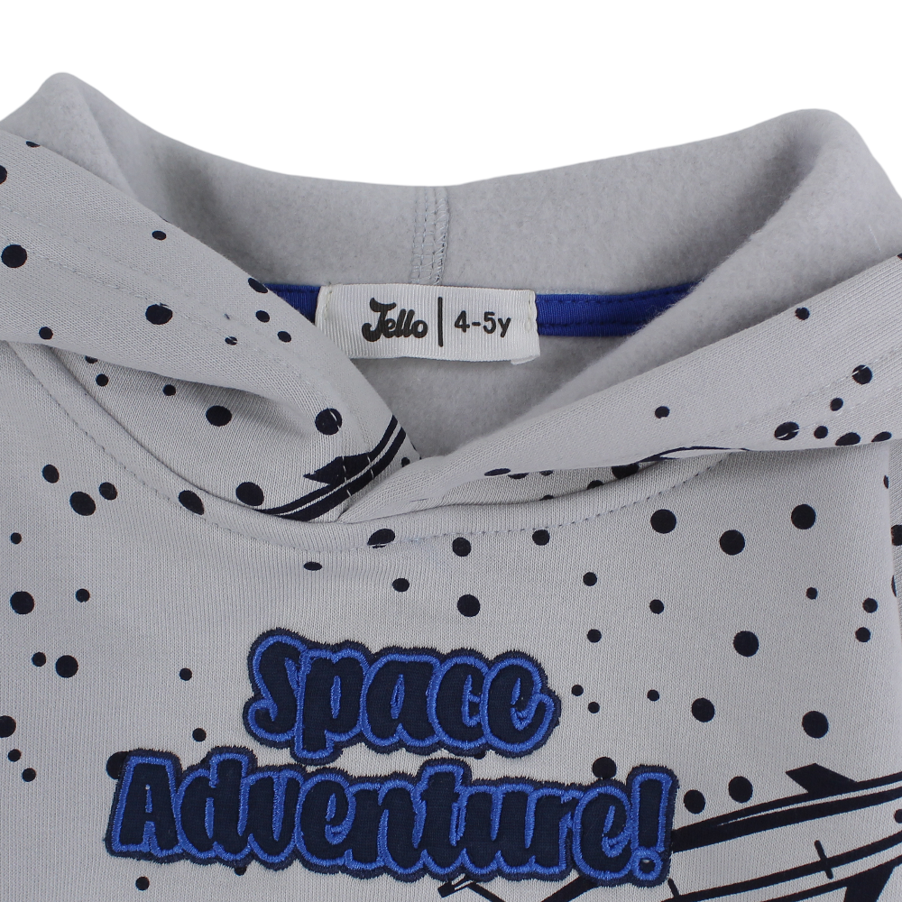 Boys Cotton Hoodie – Grey with Space Adventure Embroidery