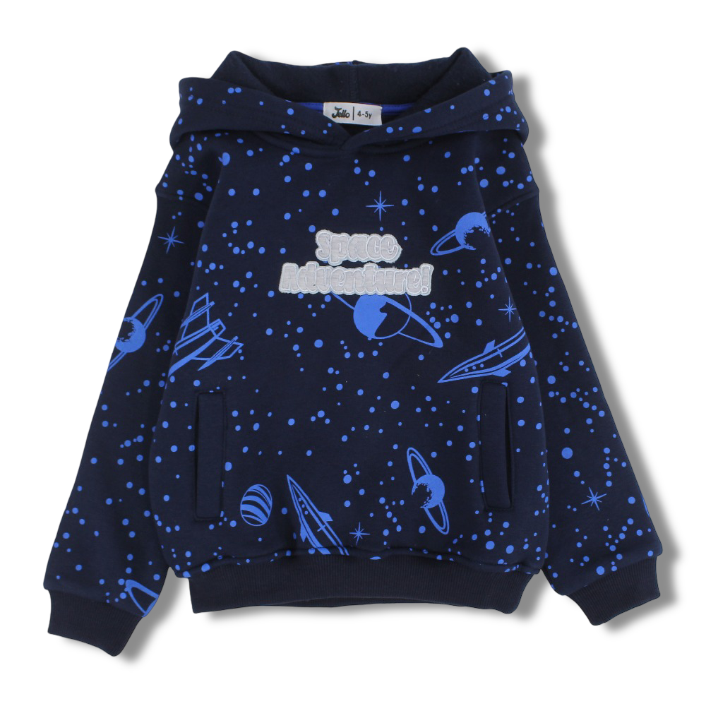 Boys Cotton Hoodie – Navy with Space Adventure Embroidery