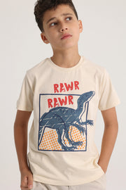 Boys Short-Sleeved T-Shirt – Beige Dinosaur Rawr Rawr