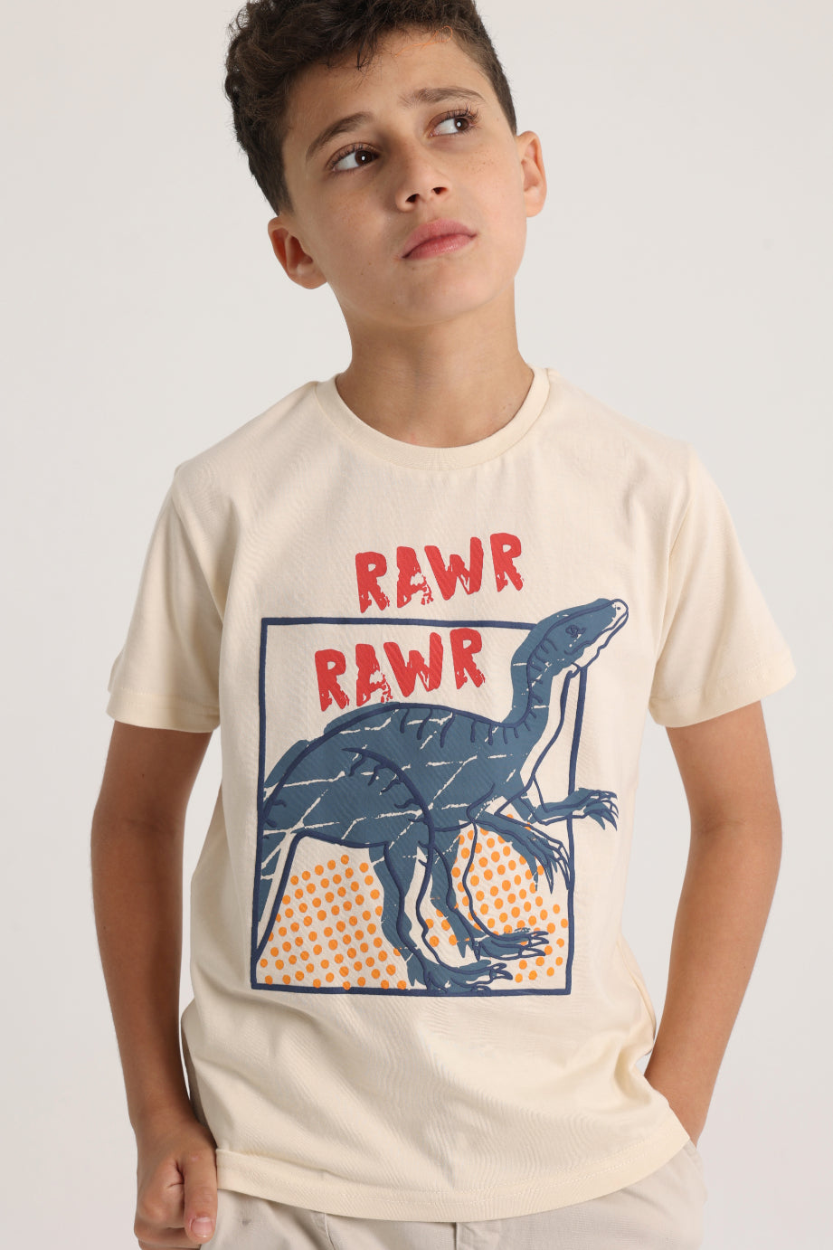 Boys Short-Sleeved T-Shirt – Beige Dinosaur Rawr Rawr