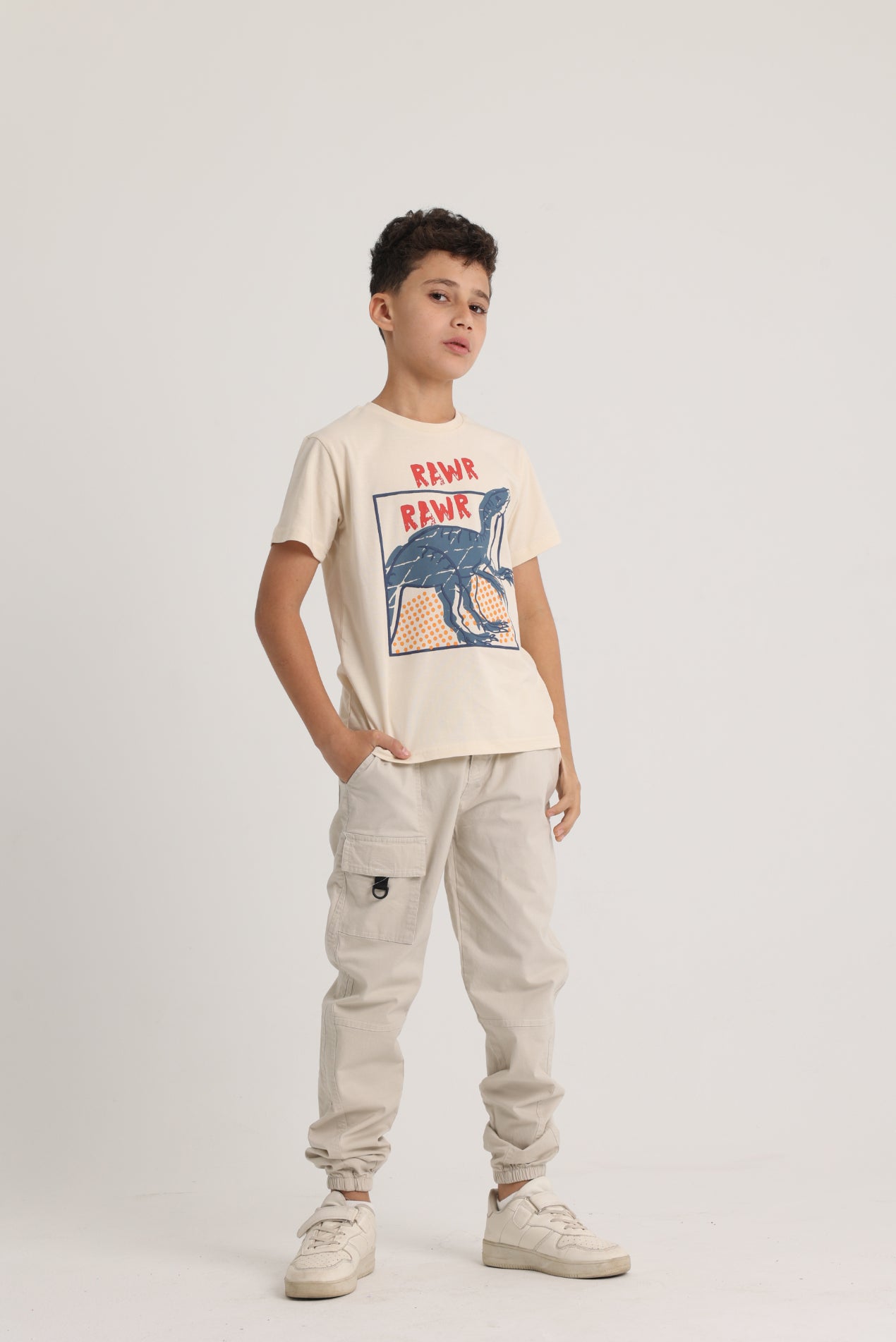 Boys Short-Sleeved T-Shirt – Beige Dinosaur Rawr Rawr