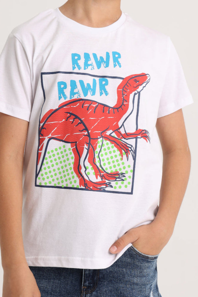 Boys Short-Sleeved T-Shirt – White Dinosaur Rawr Rawr