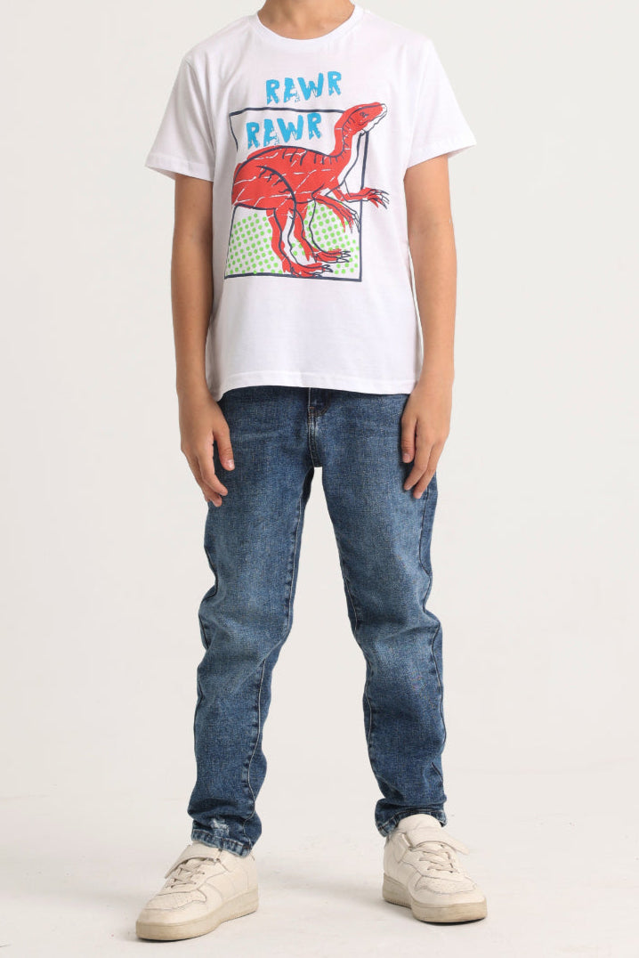 Boys Short-Sleeved T-Shirt – White Dinosaur Rawr Rawr
