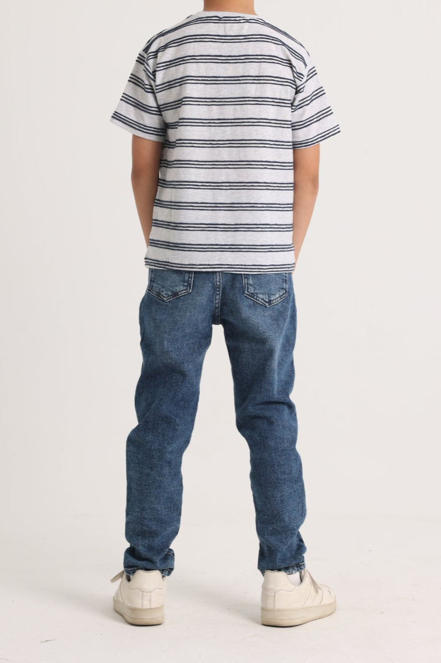 Boys Short-Sleeved T-Shirt – Grey and Indigo Striped