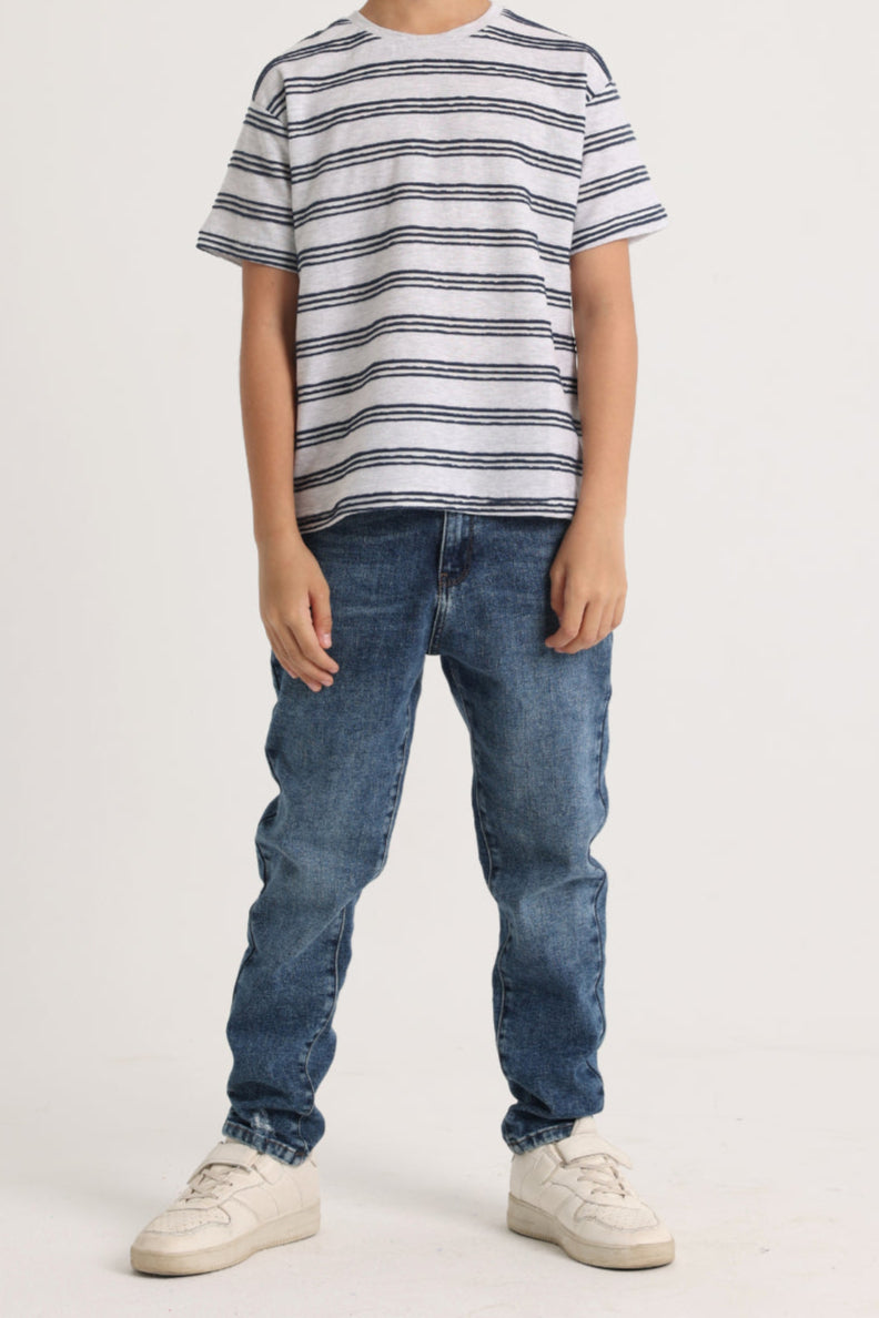 Boys Short-Sleeved T-Shirt – Grey and Indigo Striped