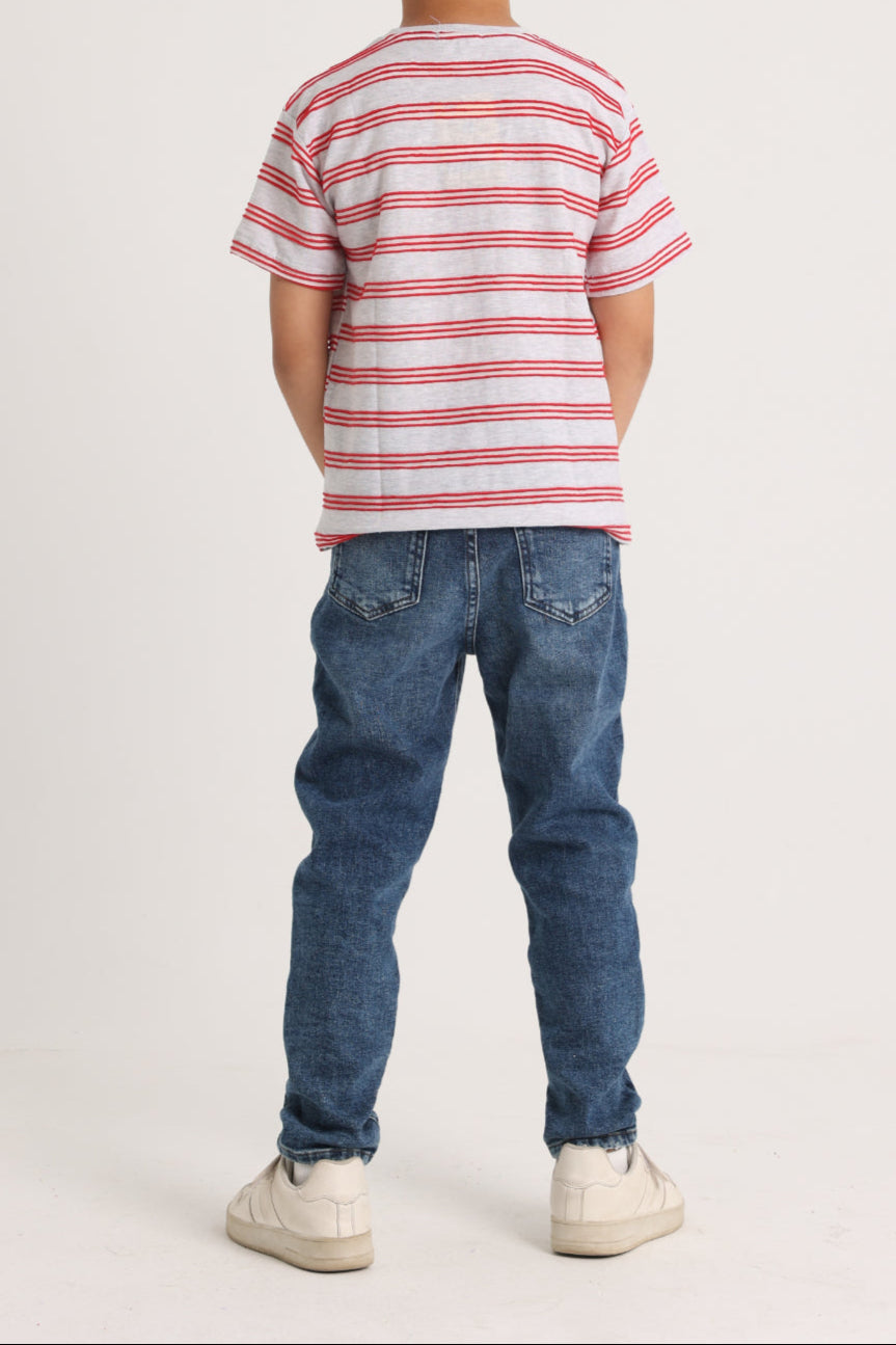 Boys Short-Sleeved T-Shirt – Grey and Red Striped