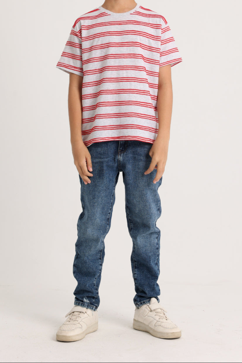Boys Short-Sleeved T-Shirt – Grey and Red Striped