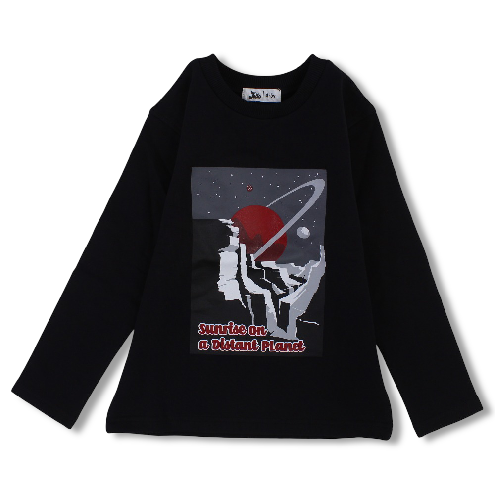 Boys Cotton T-Shirt – Black with “Sunrise on a Distant Planet” Print