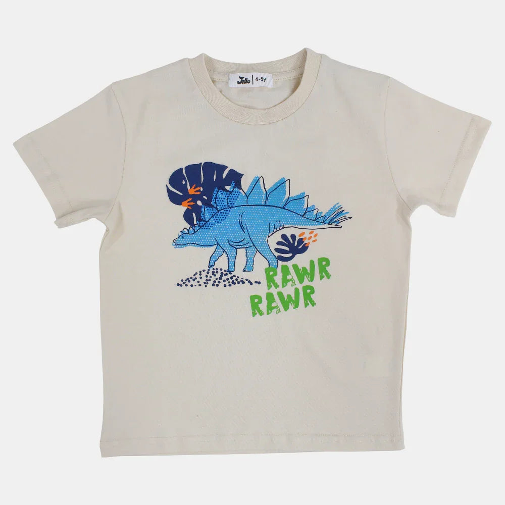Boys Cotton T-Shirt – Beige with Dinosaur Print - Clothing - Jello